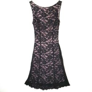 Mica Dress Black Lace Pink Lining Midi Bodycon Stretch Size 2